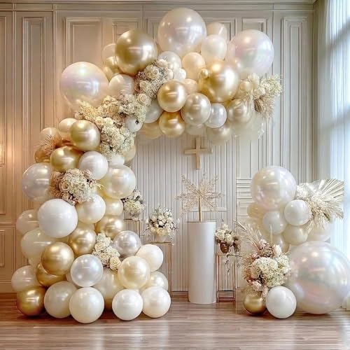 Image of White Gold Balloon Arch Double Stuffed Pearl White Sand Cream Gold Chrome Balloon Garland Kit for Graduation Baptism Birthday Baby Shower Wedding Party Decorations