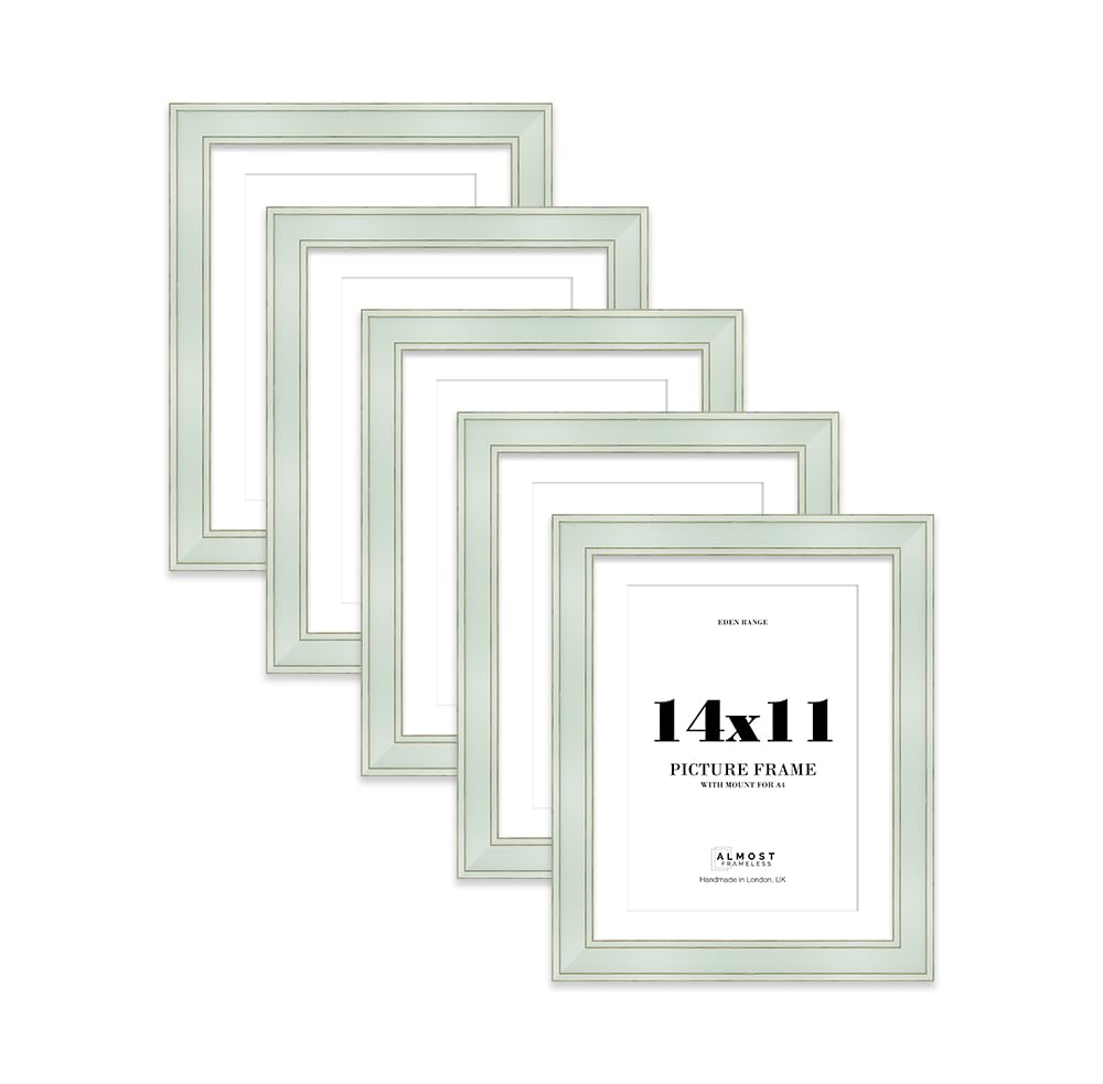 14x11" Sage Green Picture Frame with A4 Mount - Shabby Chic Photo Frame with Distressed Finish, Gold Trim, Wall Hooks and Kickstand, 37mm Edge - 5 Pack