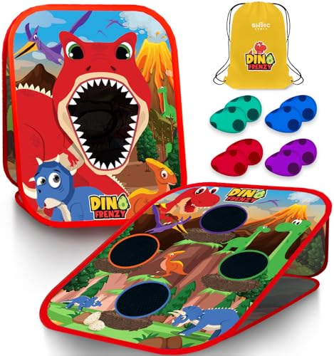 SWOOC Games - Dino Frenzy™ | 2-in-1 Corn Hole Games for Kids | 5-Second Setup | Dinosaur Bean Bag Toss Game for Kids | Kid Cornhole Game Set | Toddler Party Activity | Outside Bean Bags Kid Tossing