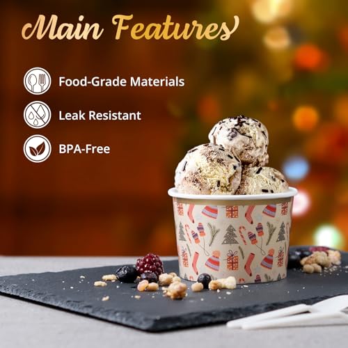 Image of Confettiville Paper Ice Cream Cups, 50-Count 9-Oz Disposable Dessert Bowls for Hot or Cold Food, 9-Ounce Christmas Party Supplies Treat Cups, Christmas Items, Gold Foil
