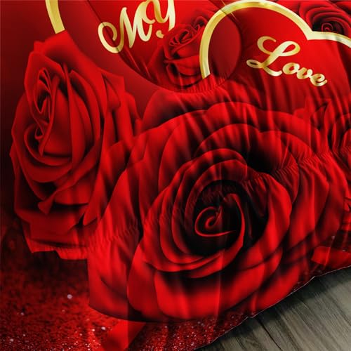Image of AILONEN Red Rose Comforter Set Queen Size,Romantic Hearts Couple Love Bedding Set,3D Rose Floral Bedding Queen Comforter Set Glitter Bed in a Bag 3 Pieces, 1 Quilt and 2 Pillowcases
