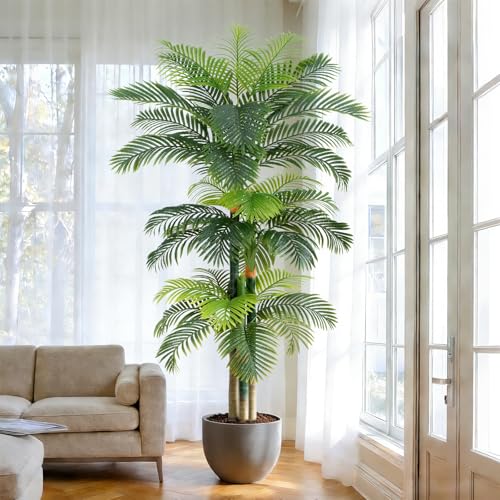 Image of 8.5ft Artificial Golden Cane Palm Tree - Large Triple Fake Palm Tree in Pot for Indoor /Outdoor, Patio, Pool, Big House, Office, Backyard, Home Decor - Green, Extra Tall
