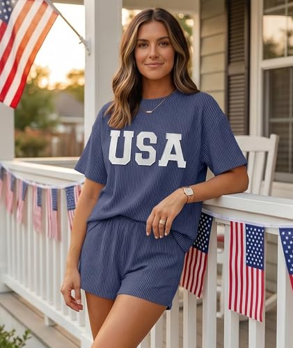 Image of MARZXIN Women 2 Piece Shorts Set 2026 Casual Summer Cruise Outfits Ribbed Loose Short Sleeve Pocket Matching Lounge Sets