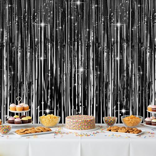 4er Set Lametta Vorhang Schwarz Party Deko, Vorhänge Schwarz Glitzervorhang Lametta als Silvester Deko 2026, 1x2m Glitzer Vorhang Geburtstag Lamettavorhang Folie Fransenvorhang für Foto Hintergrund