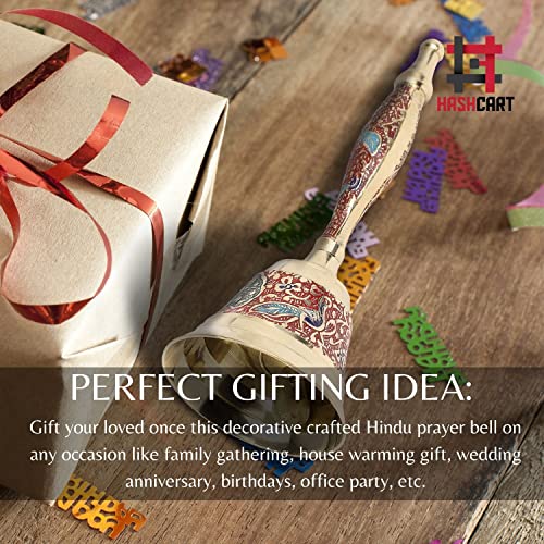 Hashcart Indian Decor Brass Handbell - Pooja Bell for Mandir Hand Bell - Puja Handbells - Indian Religious Pooja Ghanti for Temples Diwali Decorations - Christmas Bells Colorful Jingle Bel - 7inch - Thumbnail 4