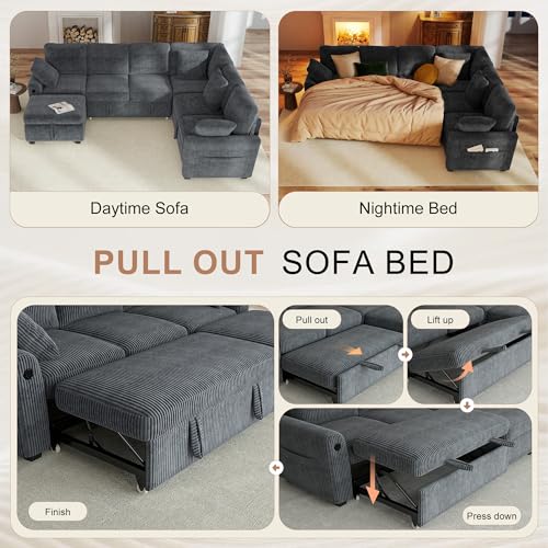 Image of Hanherry 106 inch Sectional Sofa with Pull Out Couch Bed,6 Seater Corduroy Sleeper Sofa with Storage Ottoman & USB Charging,Comfy L Shaped Modular Couches for Living Room,Apartment
