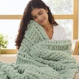 Bedsure Chunky Knit Throw Blanket for Couch - 100% Hand Knitted, 5.06 lbs GentleSoft Blanket with Giant Chenille Yarn for Bed Living Room Home Decor, Thick and Cozy, Sage Green, 50x60 Inches
