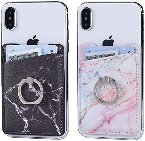 Fulgamo 2Pack PU Leather Adhesive Phone Pocket Card Holder,Cell Phone Stick On Credit Cards/ID Wallet Sleeve,with Sticker for Back of iPhone,Android and All Smartphones (PU Purple&Black Marble)