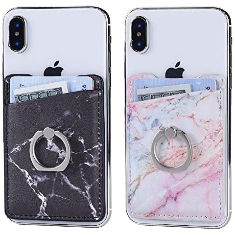 Fulgamo 2Pack PU Leather Adhesive Phone Pocket Card Holder,Cell Phone Stick On Credit Cards/ID Wallet Sleeve,with Sticker for Back of iPhone,Android and All Smartphones (PU Purple&Black Marble) Cover