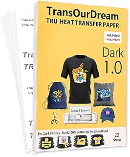 TransOurDream Tru-Heat Transfer Paper for Dark T Shirts & Fabrics 20 Sheets A4 Iron On Transfer Paper with Inkjet Printer Easy to Cricut Bright Colors Printable htv (TRANS-07)