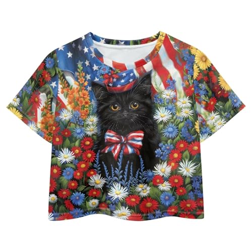 Image of 4th of July Shirt for Girls 7-8 Years US Flag Crop Tops Kids Outfit Independent Day Graphic Tee-