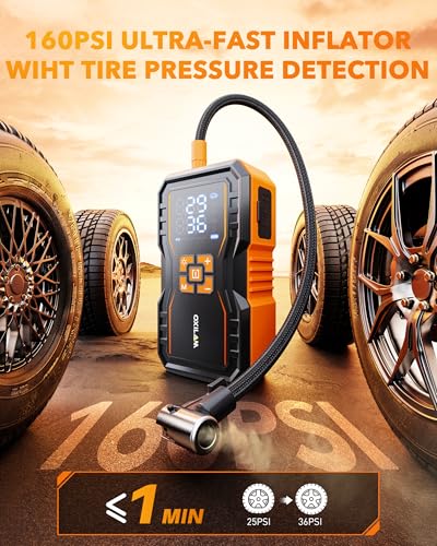 Image of OXILAM 7000A Jump Starter with Air Compressor 160 PSI for All Gas /12L Diesel, 12V Battery Jumper Starter Portable with Auto-Shutoff Tire Inflator, Jumper Cables, LED Display, LED Light, Power Bank