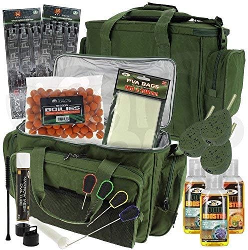 NGT Carp Coarse Fishing Insulated Carryall Bag with DNA Rigs, Liquid Glugs, PVA Tube & Bags, PVA String, Boilies, Plastic Tools & Inline Weights