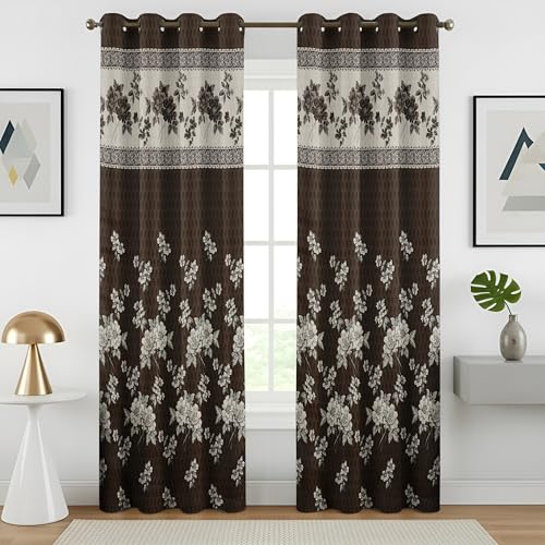 Image of Homefab India Jacquard Jute Curtains Room Darkening - Door 7 feet, Pack of 1 Curtain, Brown Floral