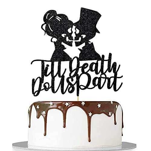 Artczlay Till Death Do Us Part Cake Topper Black Glitter Skull Couple Cake Topper Halloween Party Cake Decoration
