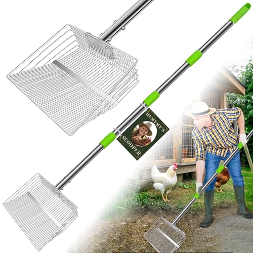 12inch Large Chicken Poop Scooper 2 Widths of Slots Chicken Coop Litter Scoop with Stainless Steel Handle - 23 to 66 4 in 1 Litter Sifting ShovelHeavy Duty Chicken Coop Accessories