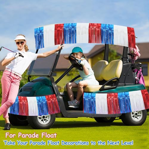 Image of 4 Packs Total 39 Feet 4th of July Parade Floats for Trailer Car, Red White Blue Foil Fringe Garland Patriotic Tinsel Streamers Banner Table Skirts for Graduation Homecoming Wedding Birthday Party