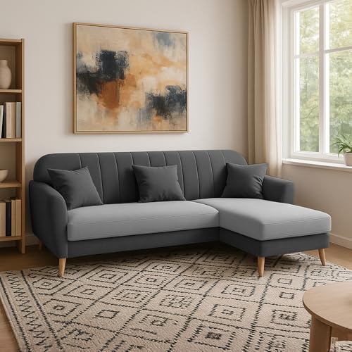 Image of Atticus RHS 4 Seater L Shape Sofa Set for Living Room (Grey Black Fabric) Premium Fabric Sofa Set