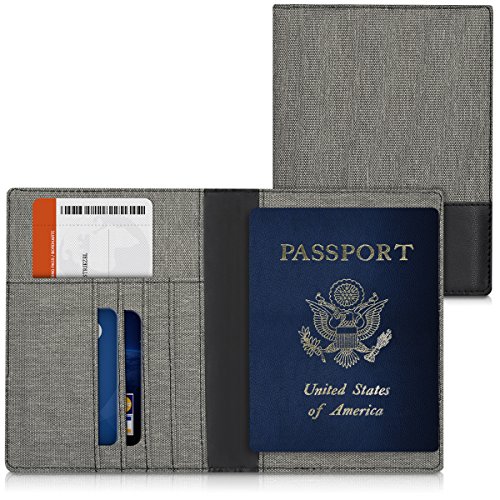 Preisvergleich Produktbild kwmobile Reisepass Hülle mit Kartenfächern - Canvas Ausweishülle Passhülle Kartenetui Tasche - Reisepasshülle in Grau Schwarz