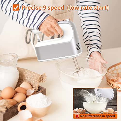 9-Speed-Digital-Hand-Mixer-Electric-400W-Powerful-DC-Motor-Baking-Mixer-Handheld-with-Snap-On-Storage-Case-5-Stainless-Steel-Accessories-Flat-Beaters-Dough-Hooks-Whisk-Silvery-White