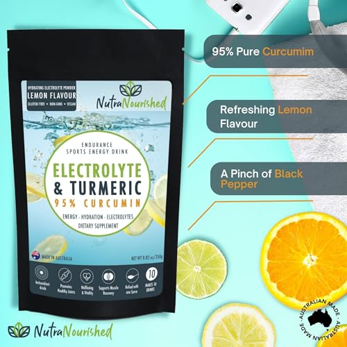 Image of Electrolyte Powder Infused with 95% Pure Organic Curcumin from Turmeric - Sports Energy Drink Mix - Hydration Powder Sugar Free - Lemon Flavor turmeric drink - 250g