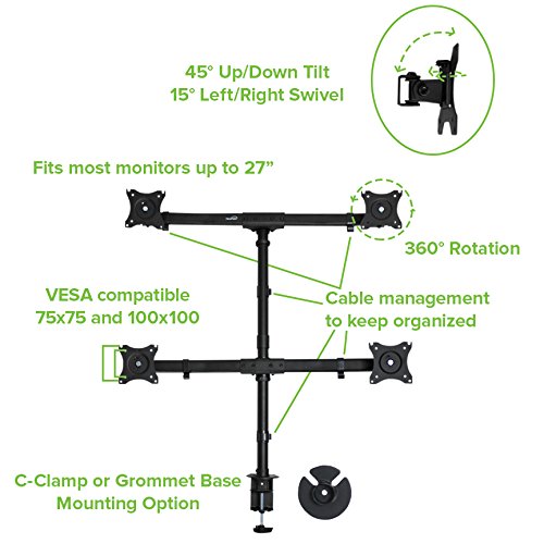 Navepoint Quad Lcd Monitor Curved Mount Stand C-Clamp Adjustable Holds 4 Monitors Up To 27-Inches Black #TOP3