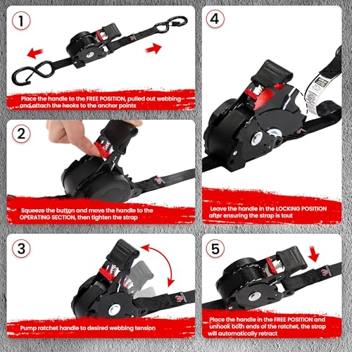 Image of Retractable Ratchet Straps 4 Pack, 1500LBS Break Strength Self Retracting Tie Down Straps, 1 inch x 12' Auto Ratchet Straps for Motorcycle, Kayak and Trucks, Black
