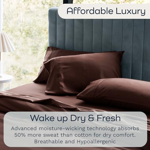 Image of Olive + Crate Tencel Lyocell Eucalyptus Queen Size Sheet Set - Cooling Tencel Sheets for Hot Sleepers with 18 Inch Deep Pocket Fit - Cacao 4-Piece Set