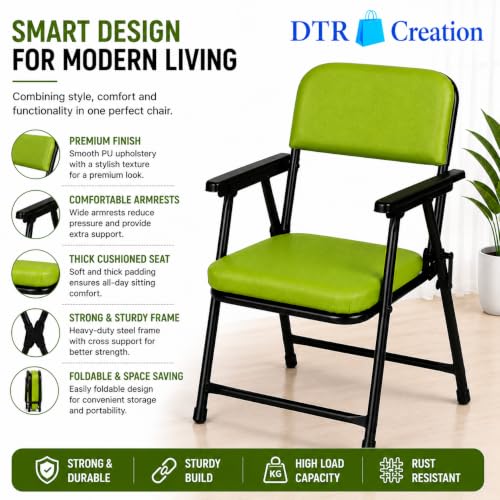 Image of Foldable Cushioned Chair with Armrests | Heavy Duty Metal Frame | Soft Padded Seat & Backrest | Space Saving Folding Chair for Home, Office, Study & Guest Seating | Green