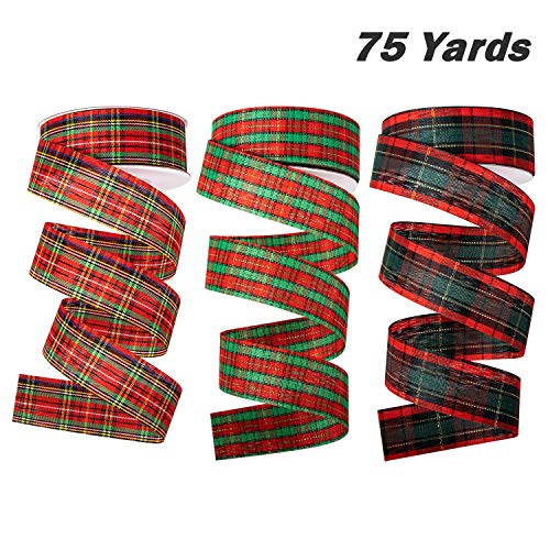 75 Yards Plaid Christmas Ribbon, Sofire 3 Rolls 3 Patterns 1 Inch Wide Fabric Christmas Gift Wrapping Ribbon (3) #TOP6