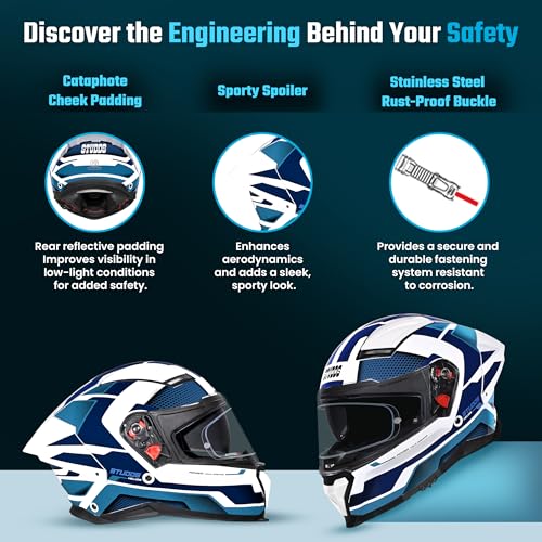 Image of STUDDS Helios Asphalt Full Face ISI and DOT Certified Helmet with Dual Visor White & Blue - XL