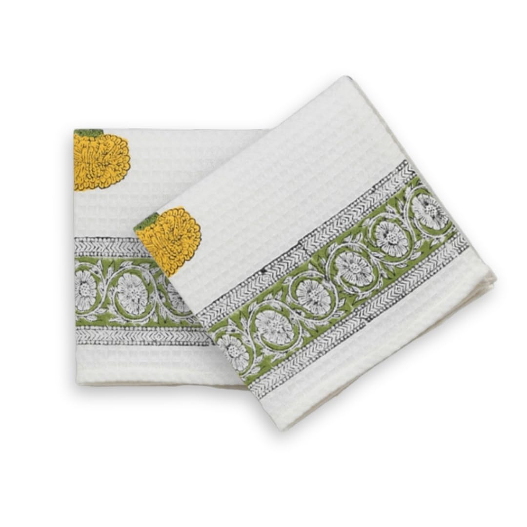 Peepul Tree Block Printed Hand and Bath Towels, Super Absorbent, Soft & Faster Drying, Floral Printed 100% Pure Cotton, 240 GSM (2 Hand Towel Set, Yellow)