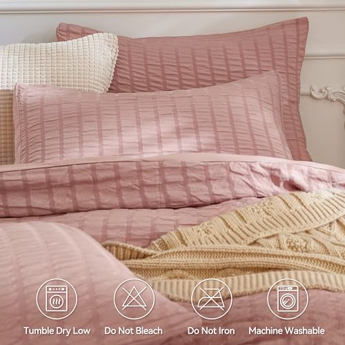 Image of JELLYMONI Seersucker Duvet Cover Set Full, 3pcs Smokey Pink Polyester | In Guest Room & Studio, Single Upgrades Pick, Crinkled Texture, Oeko-Tex Certified, 8 Corner Ties & Hidden Zipper