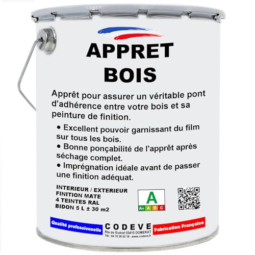 Appret Bois - Codeve Bois/RAL 9010 - Blanc pur - 5L - Intérieur/extérieur - Pour Bloquer La Porosité D'un Fond En Bois Pour Une Belle Finition.
