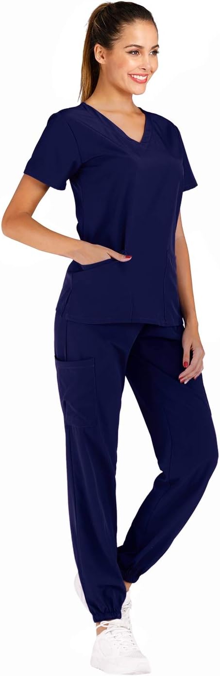 Minty Mint Women's Solid Stretch Medical Uniform Scrub Set V Neck Top Cargo Tapered Jogger Pants Indigo Blue XL - Image 2