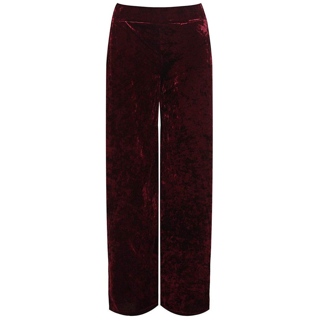 Top Fashion18 Ladies Plus Size Velour Velvet Wide Flared Leg Pocket Pants Palazzo Trousers Wine