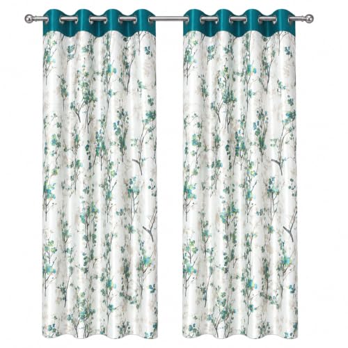 Image of Floral Printed Long Door Curtains for Living Room & Bedroom, Premium Polyester Eyelet Door Parde, Light Filtering & Privacy Curtains for Home, 9 Feet Long, Aqua Blue & White, Set of 3