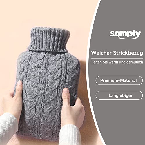 samply Wärmflasche mit Bezug – Weicher Premium Strickbezug – 2L groß Wärmeflasche, grau
