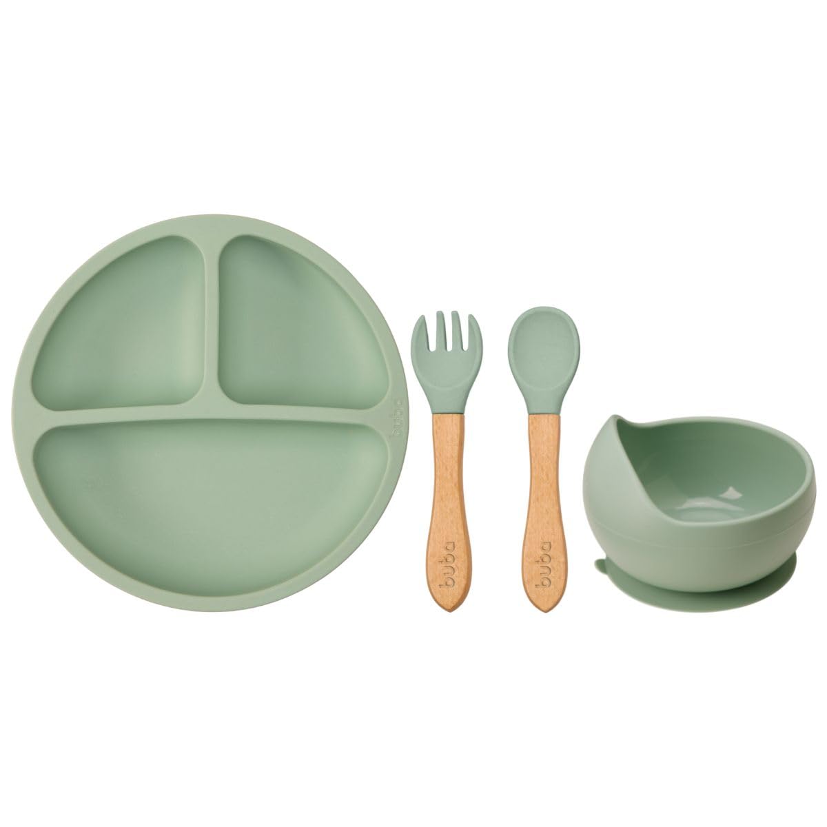 Colher Silicone E Bambu BUBA - Verde - Para Bebês
