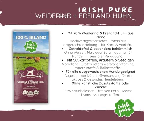 Irish Pure Adult Weiderind + Freiland-Huhn - Hundefutter - 1x12kg + 6x390g – getreidefreies Trockenfutter & Nassfutter – 100 % natürliche Zutaten – mit Kelp-Alge – für ausgewachsene Hunde - Sparpaket