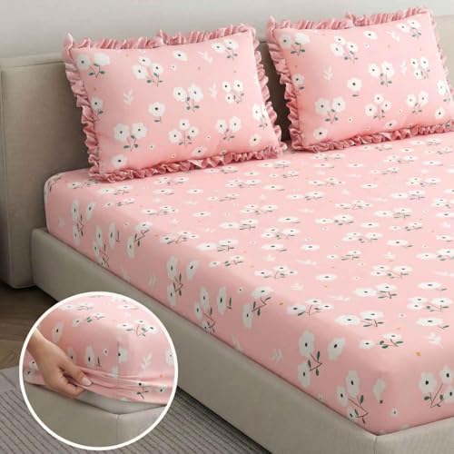 Image of Dream Weaverz- Polycotton Printed Double Bed Size Fitted Elastic Bedsheet,2 Pillow Cover,260 Thread (72 inch x 78 inchx7 inch) Home, Bedroom (Salmon Pink, King)