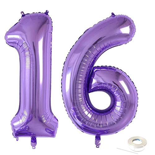 40inch jumbo Purple 16 number balloons for sweet 16th 61th Birthday Party Decoration Men Women 16 Years Old Birthday Party Supplies use them as Props for Photos (Purple 16)