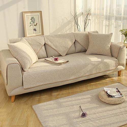 YUTJK Couchdecken, Ecksofa-Bezug, Sofa Abdeckung, Chaiselongue-Sofabezug, Weicher Atmungsaktiver Sofaschoner, Baumwoll Leinen gewebte Sofabezug, Für Haustier Hund, Beige Cover