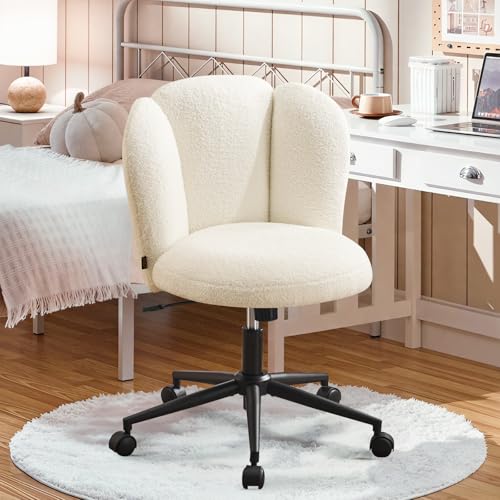 Ckaff Fauteuil de Bureau, Chaise de Coiffeuse, Chaise Bureau Réglable en Hauteur avec Dossier Inclinable Pivotante à 360°, Fauteuil Coquillage Design Fleur en Bouclé pour Salon Chambre, Blanc