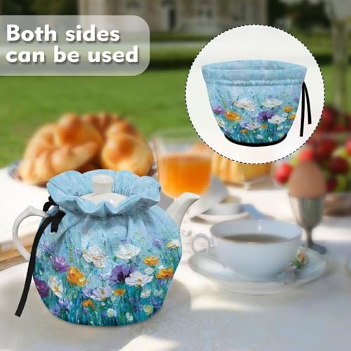 Image of Oil Painting Print Teapot Dust Cover Daisy Print Tea Cosy for Teapot Insulated Breakfast Warmer Drawstring Design Keep Warm Kitchen Decorations