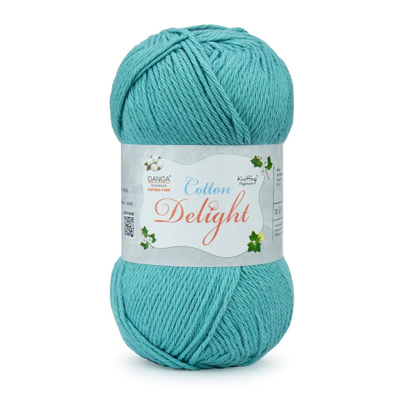 Image of Ganga Acrowools Cotton Delight, Dk Weight Cotton Yarn, Oekotex Class L Certified 100G, 169M, Pack of 1 Ball - 100gm Each, Shade No. - COD060, Fountain Blue