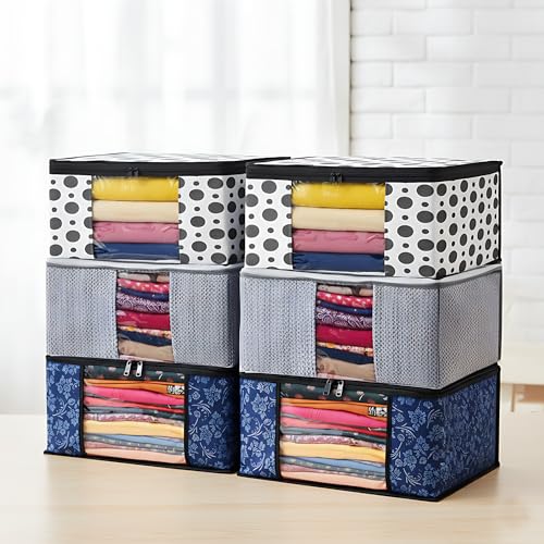 Image of Multipurpose Non-Woven Storage Bags with Zipper | Wardrobe Organizer for Clothes, Sarees & Blankets | Pack of 6 | Foldable Dust-Proof Closet & Bedroom Storage for Seasonal Garments and Linen