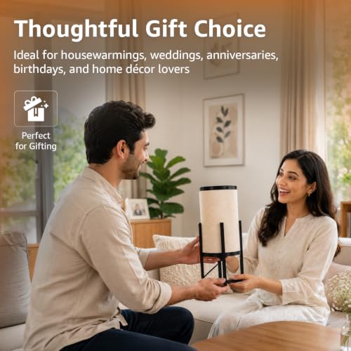 Image of Amazon Basics Minar Black Iron Frame Table Lamp | Iron Tripod Base with Polyester Shade | E27 Holder | Decorative Night Lamp for Bedroom, Living Room & Study Room | Home Decor Gift