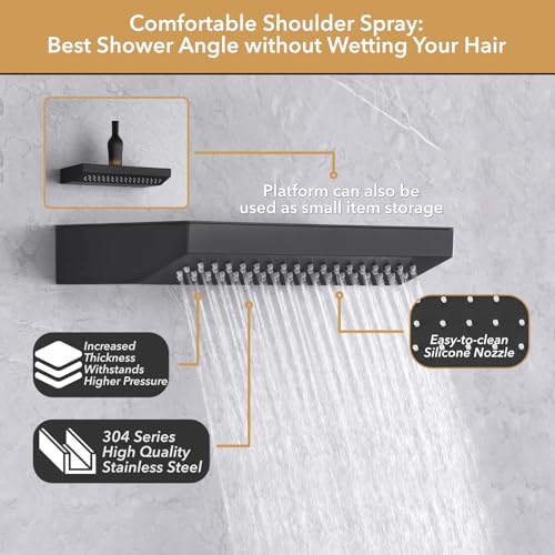 VANFOXLE Thermostatic Shower Faucet Set Matte Black Shower System, Shower Faucet with 2 in 1 Handheld, Ceiling Mount 19 Inch Dual Mode LED Shower Head+14 Inch Shoulder massager miniatura 3