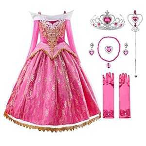 JerrisApparel Niña Princesa Cordón Vestir Rosa Bella Cosplay Fiesta (5 años, Rosa con Accesorios)